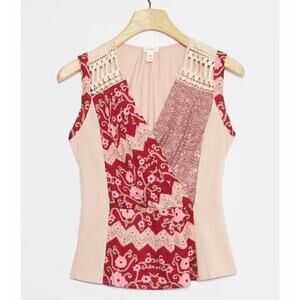 Anthropologie TINY Blouse Pink Sleeveless Boho M embroidery Nisha Surplice Top